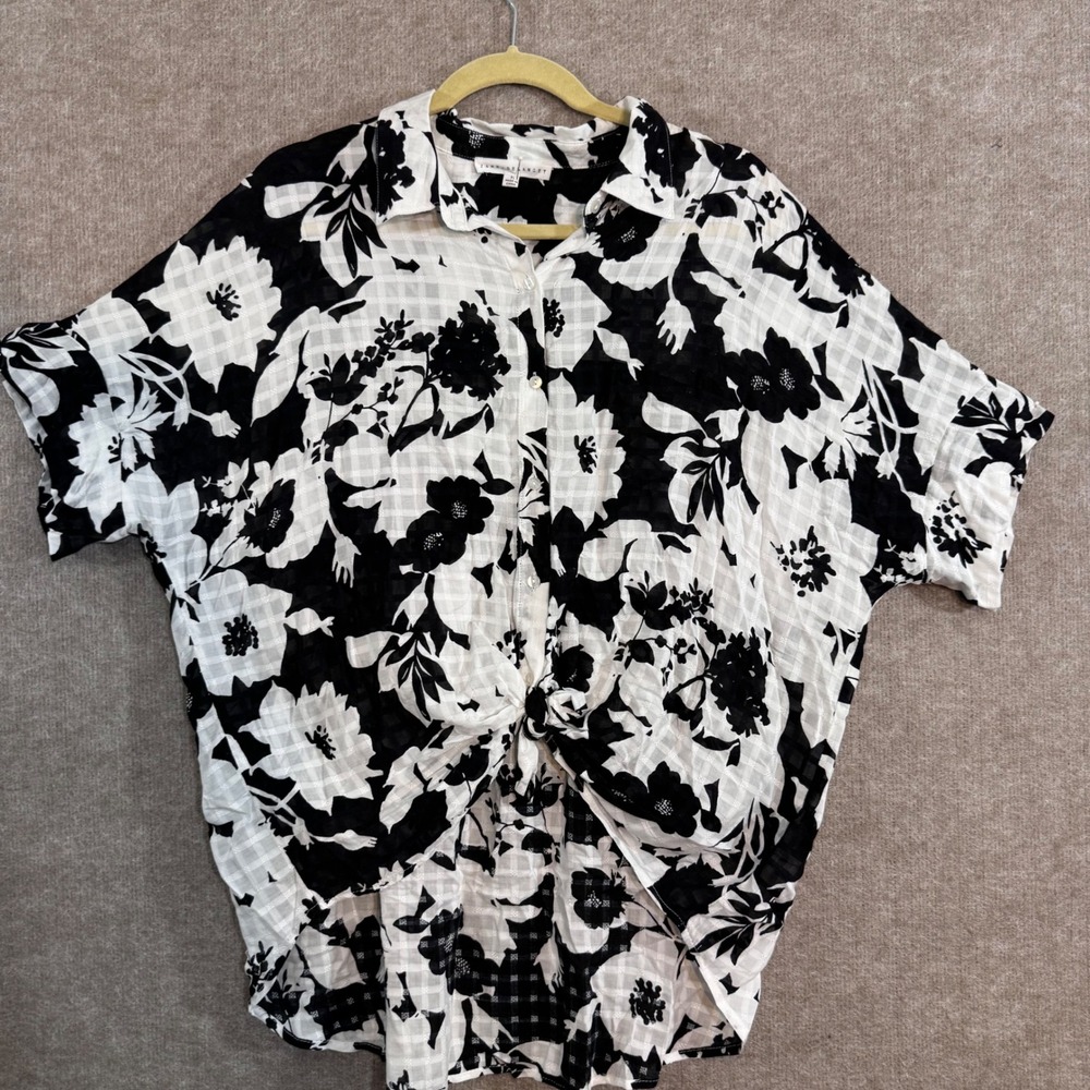 Jane De Lancey Button Up Shirt Womens XL Black Floral Tie Front Rayon Boho